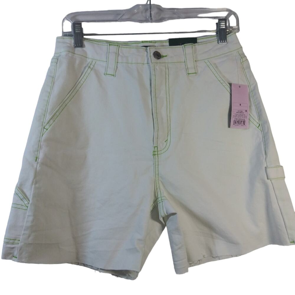 Wild Fable Highest Rise White Denim Neon Green Stitching Utility Shorts Size 8